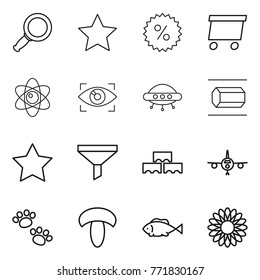 Thin line icon set : magnifier, star, percent, delivery, atom, eye identity, ufo, nano tube, funnel, block wall, plane, pets, mushroom, fish, flower