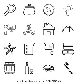 Thin line icon set : magnifier, purse, percent, bulb, presentation, spinner, home, pyramid, starfish, measuring cup, mixer, double boiler, barrel, wine, trash truck, tooth brush