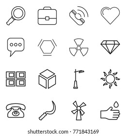 Thin line icon set : magnifier, portfolio, call, heart, message, hex molecule, nuclear, diamond, panel house, 3d, outdoor light, sun, phone, sickle, windmill, hand drop