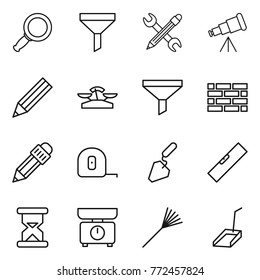 Thin line icon set : magnifier, funnel, pencil wrench, telescope, scales, brick wall, measuring tape, construction, level, sand clock, kitchen, rake, scoop