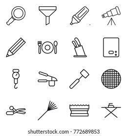 Thin line icon set : magnifier, funnel, marker, telescope, pencil, cafe, stands for knives, kitchen scales, handle, garlic clasp, meat hammer, sieve, scissors, rake, sponge, iron board