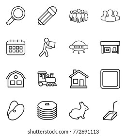 Thin line icon set : magnifier, pencil, team, group, calendar, courier, ufo, gas station, house, train, home, cutting board, beans, pancakes, rabbit, scoop