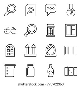 Thin line icon set : magnifier, search document, message, round flask, smart glasses, building, window, arch, cargo top sign, mirror, measuring cup, bank, ketchup, clean
