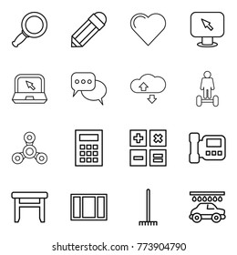 Thin line icon set : magnifier, pencil, heart, monitor arrow, notebook, discussion, cloude service, hoverboard, spinner, calculator, intercome, stool, window, rake, car wash