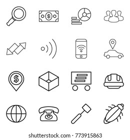 Thin line icon set : magnifier, money, diagram, group, up down arrow, wireless, phone, car pointer, dollar pin, box, delivery, building helmet, globe, meat hammer, bug
