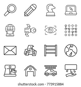 Thin line icon set : magnifier, pencil, chess horse, notebook, globe, satellite, eye identity, chip, mail, modern architecture, rack, earth, coffee maker, barn, car wash, hand dryer