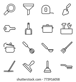 Thin line icon set : magnifier, funnel, measuring tape, construction, key, scoop, pan, repair tools, steam, whisk, ladle, fork, rake, scraper, plunger, brush