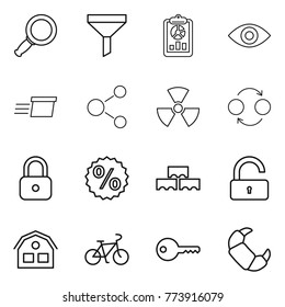 Thin line icon set : magnifier, funnel, report, eye, delivery, molecule, nuclear, quantum bond, lock, percent, block wall, unlock, house, bike, key, croissant