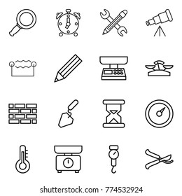 Thin line icon set : magnifier, alarm clock, pencil wrench, telescope, electrostatic, market scales, brick wall, construction, sand, barometer, thermometer, kitchen, handle, pruner