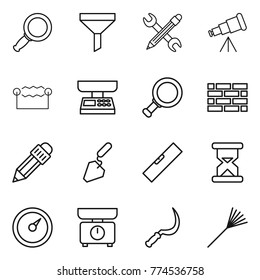 Thin line icon set : magnifier, funnel, pencil wrench, telescope, electrostatic, market scales, brick wall, construction, level, sand clock, barometer, kitchen, sickle, rake