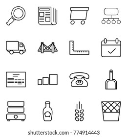 Thin line icon set : magnifier, newspaper, delivery, structure, bridge, ruler, terms, invoice, sorting, phone, scoop, double boiler, ketchup, spikelets, trash bin