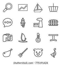 Thin line icon set : magnifier, statistics, boat, basket, balloon, spark plug, factory, fence, camera, windsurfing, thermometer, table, chicken leg, fork, pig, goose