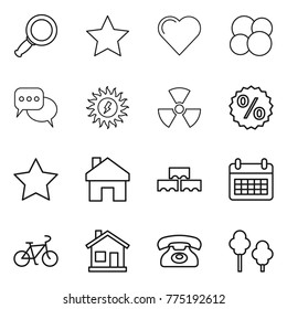 Thin line icon set : magnifier, star, heart, atom core, discussion, sun power, nuclear, percent, home, block wall, calendar, bike, phone, trees