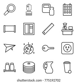 Thin line icon set : magnifier, crystall memory, scales weight, building, fence, window, ruler, customs control, deltaplane, disco ball, key, power socket, salt pepper, pancakes, jug, trash bin