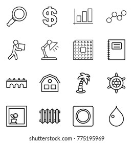Thin line icon set : magnifier, dollar, graph, courier, table lamp, cpu, copybook, bridge, house, palm, handwheel, flower in window, radiator, ring button, drop