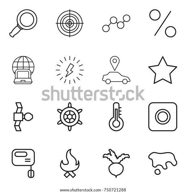 thin line icon set :\
magnifier, target, graph, percent, notebook globe, lightning, car\
pointer, star, satellite, handwheel, thermometer, ring button,\
mixer, fire, beet, spot