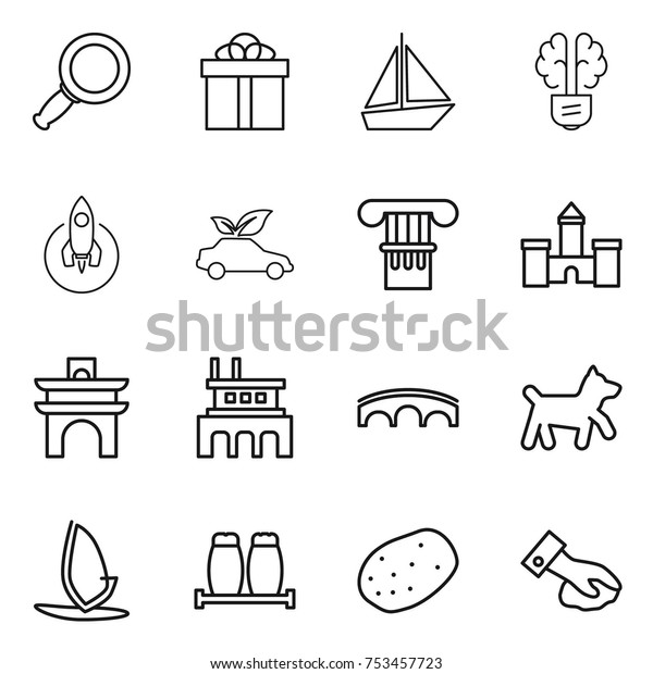 thin line icon set : magnifier,\
gift, boat, bulb brain, rocket, eco car, column, castle, arch,\
factory, bridge, dog, windsurfing, salt pepper, potato,\
wiping