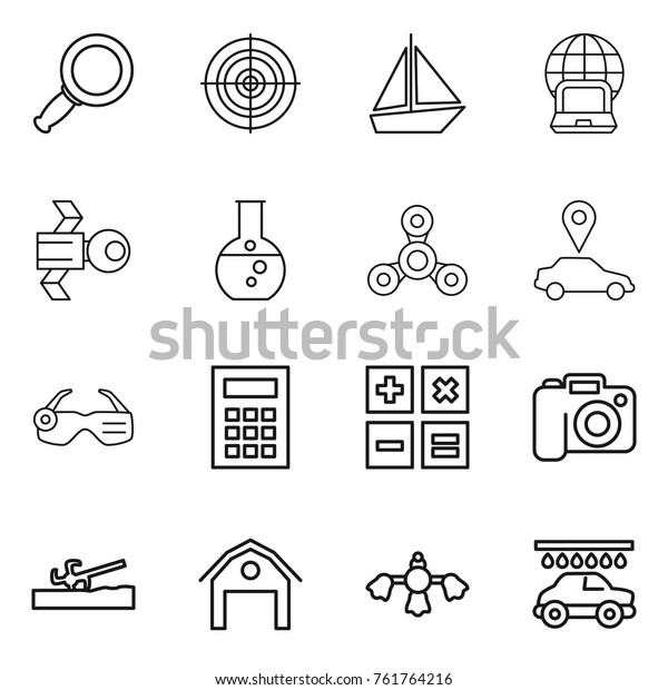 Thin line icon set : magnifier, target, boat,\
notebook globe, satellite, round flask, spinner, car pointer, smart\
glasses, calculator, camera, soil cutter, barn, hard reach place\
cleaning, wash