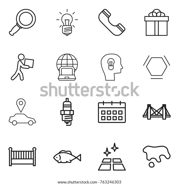 Thin line icon set\
: magnifier, bulb, phone, gift, courier, notebook globe, head, hex\
molecule, car pointer, spark plug, calendar, bridge, crib, fish,\
clean floor, spot