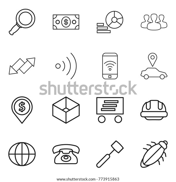 Thin line icon set :\
magnifier, money, diagram, group, up down arrow, wireless, phone,\
car pointer, dollar pin, box, delivery, building helmet, globe,\
meat hammer, bug