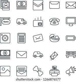Thin Line Icon Set - mail vector, printer, bench, broken bone, cash, monitor, mobile camera, gallery, photo, battery, rooms, phone, salad, calculator, car, advertising