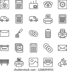 Thin Line Icon Set - mail vector, printer, garden fork, bench, chain, battery, mobile camera, gallery, photo, calculator, rooms, phone, car, advertising