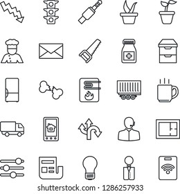 Thin Line Icon Set - mail vector, crisis graph, bulb, seedling, saw, pills bottle, broken bone, route, traffic light, truck trailer, car delivery, jack connector, archive chest, tuning, coffee, news