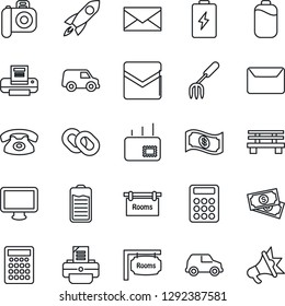 Thin Line Icon Set - mail vector, printer, garden fork, bench, cash, camera, monitor, chain, battery, calculator, rooms, phone, rocket, car, advertising