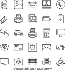 Thin Line Icon Set - mail vector, printer, bench, broken bone, camera, monitor, battery, mobile, gallery, photo, calculator, rooms, phone, cash, car, advertising