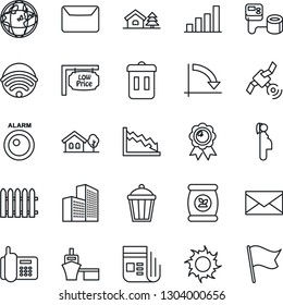 Thin Line Icon Set - mail vector, medal, crisis graph, fence, sun, garden light, fertilizer, blood pressure, pregnancy, office phone, sea port, satellite, news, building, bar, house with tree, earth