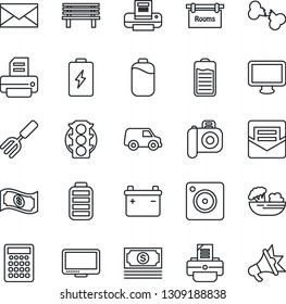Thin Line Icon Set - mail vector, printer, garden fork, bench, broken bone, cash, traffic light, camera, monitor, battery, mobile, rooms, salad, calculator, car, advertising