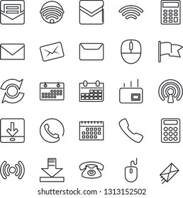 Thin Line Icon Set - mail vector, mouse, calendar, call, download, wireless, update, calculator, phone, flag