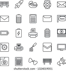 Thin Line Icon Set - mail vector, printer, garden fork, bench, broken bone, traffic light, monitor, battery, mobile camera, photo gallery, calculator, rooms, salad, rocket, cash, advertising