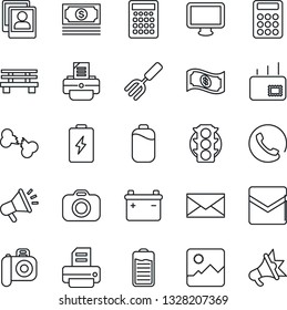 Thin Line Icon Set - mail vector, printer, garden fork, bench, broken bone, cash, traffic light, camera, monitor, battery, gallery, photo, calculator, phone, advertising