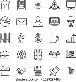 Thin Line Icon Set - mail vector, growth statistic, dollar sign, team, office binder, drawing pin, manager place, monitor, clipboard, user, case, coffee, statistics, presentation board, pie graph