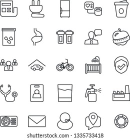 Thin Line Icon Set - mail vector, team, coffee, seeds, garden sprayer, stethoscope, blood pressure, bike, stomach, diet, support, mobile tracking, shield, speaker, news, identity card, garage, drink