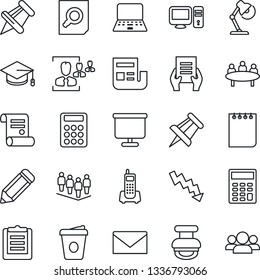 Thin Line Icon Set - mail vector, team, document search, graduate, notebook pc, notepad, crisis graph, coffee, meeting, drawing pin, pencil, contract, office phone, clipboard, paper, news, hr, stamp