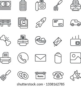 Thin Line Icon Set - mail vector, printer, garden fork, bench, broken bone, cash, camera, chain, battery, gallery, photo, rooms, phone, salad, rocket, car, advertising