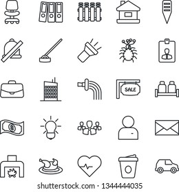 Thin Line Icon Set - mail vector, identity card, office chair, case, coffee, watering, hoe, plant label, heart pulse, virus, user, torch, mute, paper binder, house, sale, fireplace, city, chicken