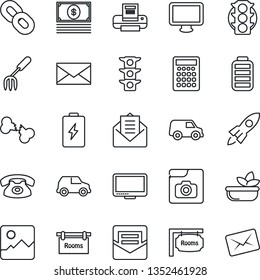 Thin Line Icon Set - mail vector, garden fork, broken bone, traffic light, monitor, chain, battery, gallery, photo, printer, rooms, phone, salad, rocket, cash, calculator, car