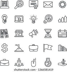 Thin Line Icon Set - mail vector, dollar sign, case, office binder, abacus, mouse, notebook pc, bulb, hierarchy, building, consumer search, arrow up graph, motivation, idea, calendar, flask, flag