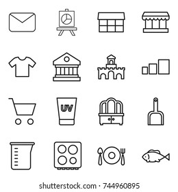 thin line icon set : mail, presentation, market, t shirt, library, fort, sorting, cart, uv cream, dresser, scoop, measuring cup, hob, fork spoon plate, fish