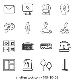 thin line icon set : mail, monitor arrow, notebook globe, bulb head, brain, smart watch, car pointer, infinity power, calculator, airport building, bus, kettle, window, trees, rake