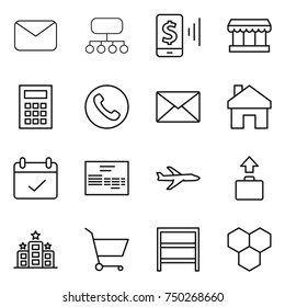 thin line icon set : mail, structure, mobile pay, market, calculator, phone, home, terms, invoice, plane, baggage, hotel, cart, rack, honeycombs