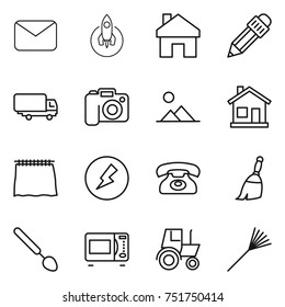 thin line icon set : mail, rocket, home, pencil, shipping, camera, landscape, curtain, electricity, phone, broom, big spoon, microwave oven, tractor, rake
