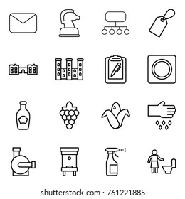Thin line icon set : mail, chess horse, structure, label, school, palace, clipboard pen, ring button, ketchup, grape, corn, sow, water pump, hive, sprayer, toilet cleaning