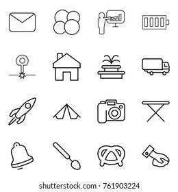 Thin line icon set : mail, atom core, presentation, battery, laser, home, fountain, shipping, rocket, tent, camera, iron board, bell, big spoon, pretzel, wiping