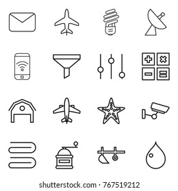 Thin line icon set : mail, plane, bulb, satellite antenna, phone wireless, funnel, equalizer, calculator, barn, airplane, starfish, surveillance, towel, hand mill, plow, drop