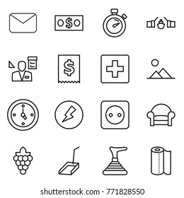 Thin line icon set : mail, money, stopwatch, drawbridge, architector, tax, first aid, landscape, watch, electricity, power socket, armchair, grape, scoop, plunger, paper towel