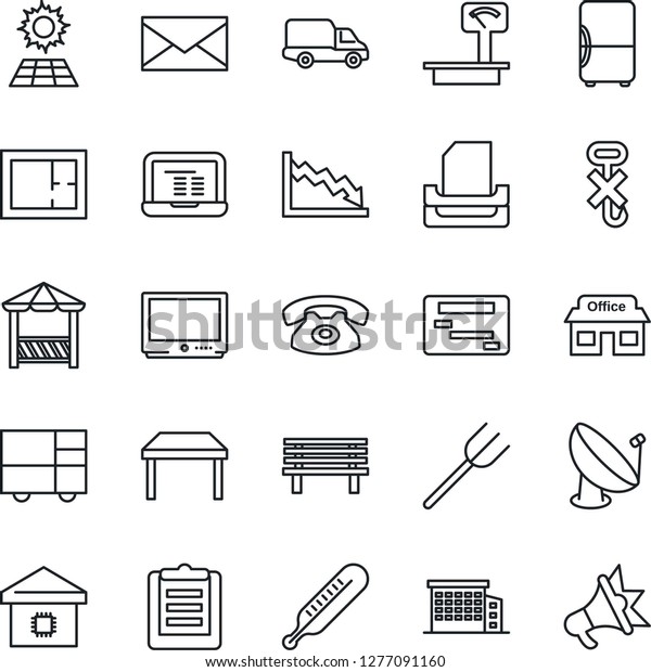 Thin Line Icon Set - mail vector, notebook pc, farm
fork, bench, thermometer, store, car delivery, consolidated cargo,
clipboard, no hook, heavy scales, satellite antenna, tv, paper
tray, sun panel
